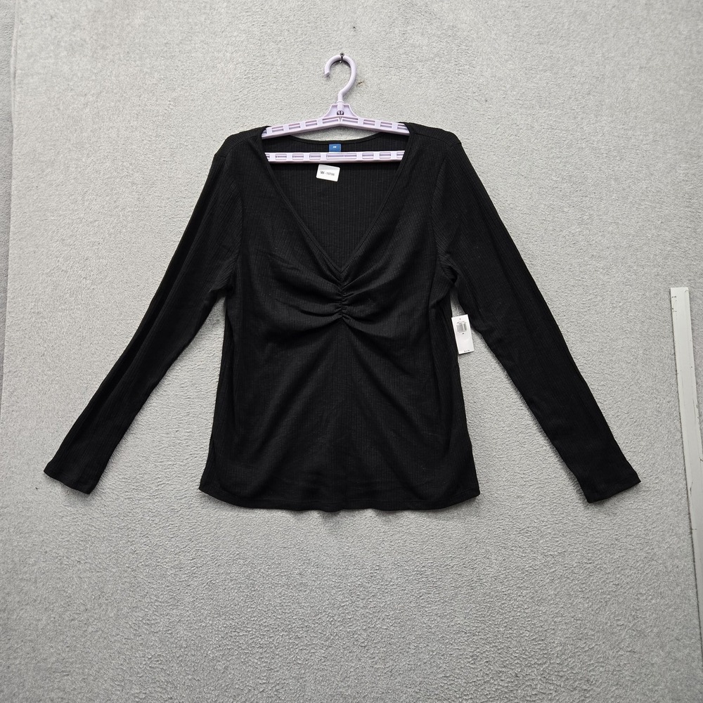 Old Navy Women Blouse 2X Black Ruched V-Neck Pullover Long Sleeve Stretch NWT